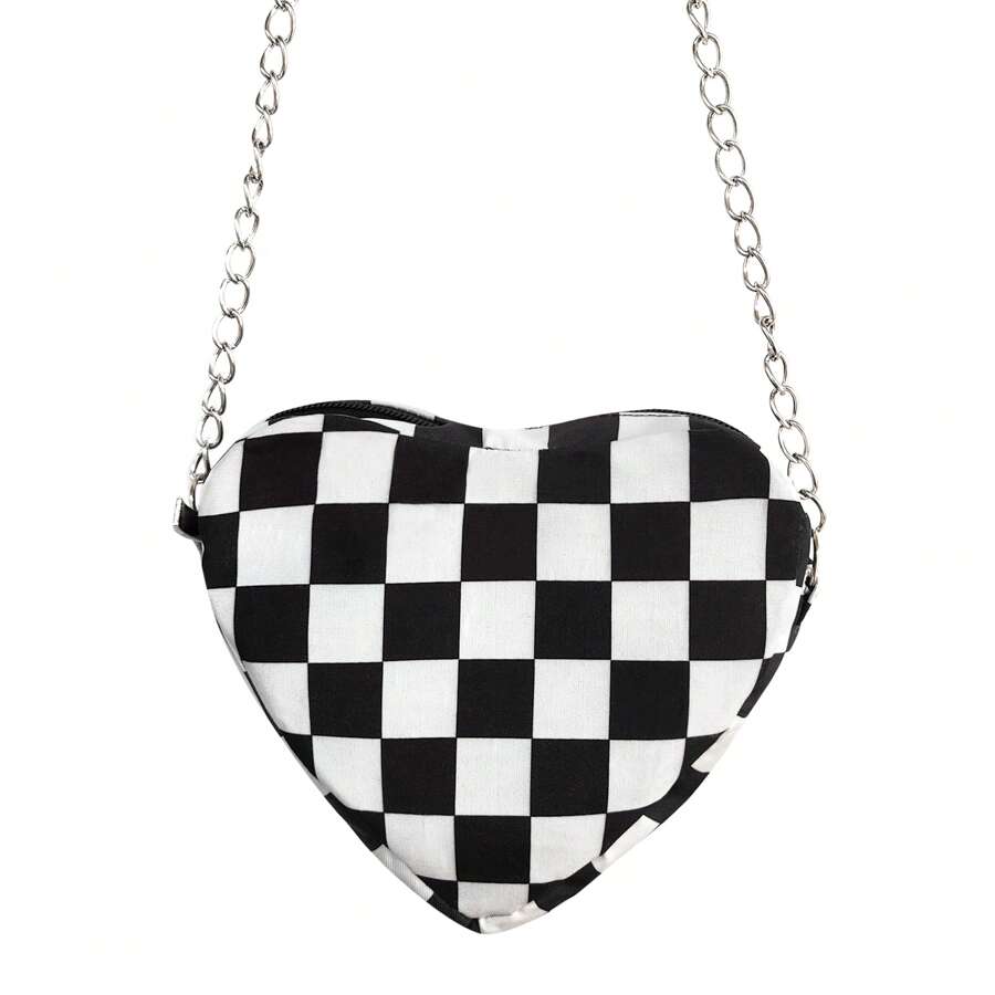 Women's Shoulder Bag With Chain Strap Heart Print Luxury Fashion Blogger - Black and White - View 1