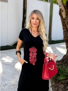 Comfortable Short Sleeve Dress With Side Slits - 黑色 - 查看 3