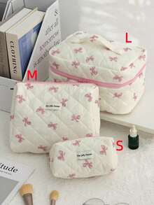 L/M/S Pink Bow Floral Print Makeup Bag Set, Cosmetic Pouch, Toiletry Travel Organizer Bag For Women And Girls