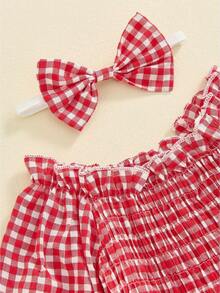 Infant Baby Girl Clothes Off Shoulder Plaid Romper Bodysuit 2Pcs Fall Clothes - Red - View 3