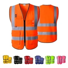 Vmingo 1 Pieza Chaleco Seguridad Reflectante Alta Visibilidad Industrial Brigadista con Bolsillos y Cremallera - Naranja - Ver 1