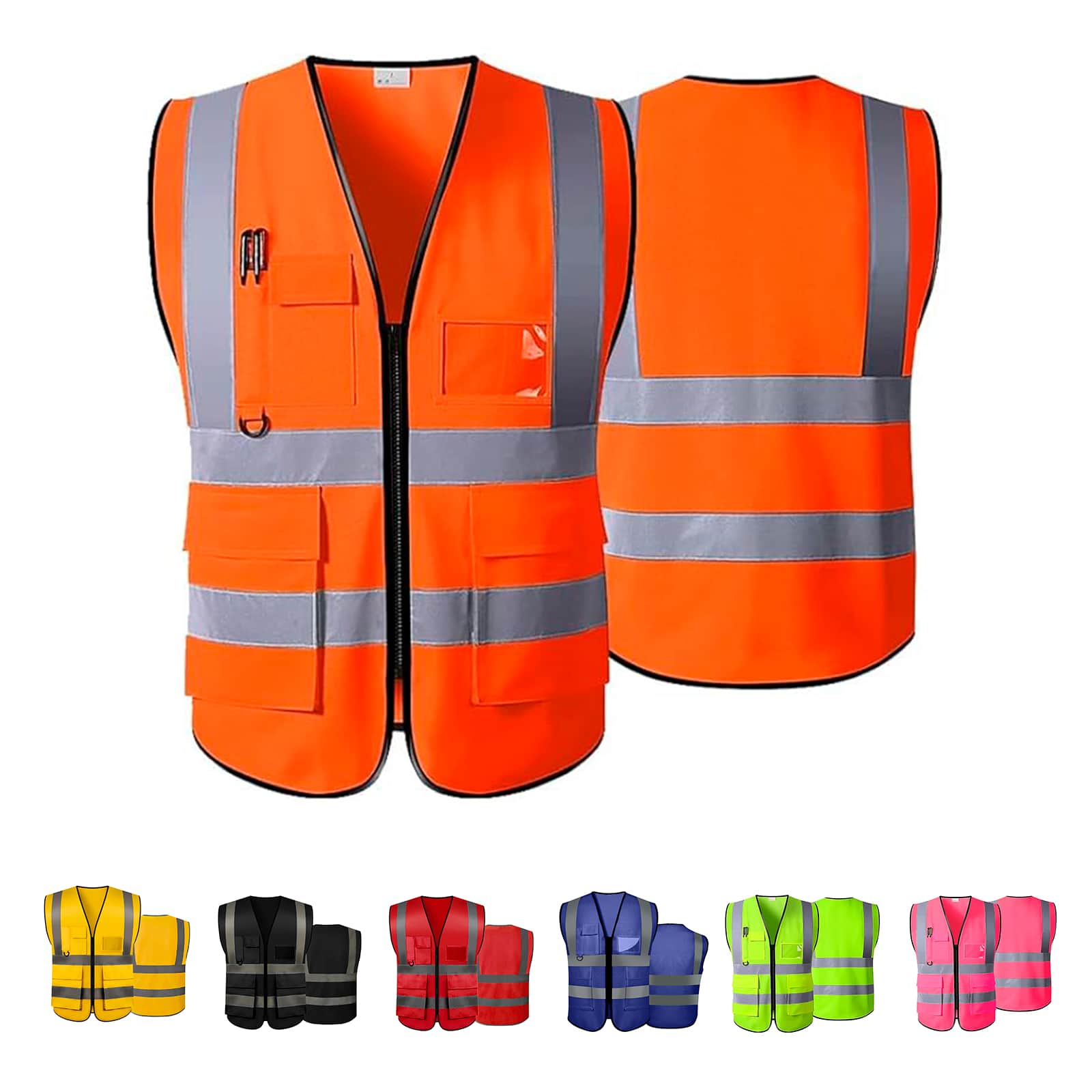 Vmingo 1 Pieza Chaleco Seguridad Reflectante Alta Visibilidad Industrial Brigadista con Bolsillos y Cremallera - Naranja - Ver 1