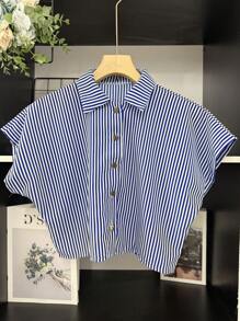 ELLIE Casual Striped Print Loose Cropped Shirt - 藍白色 - 查看 1