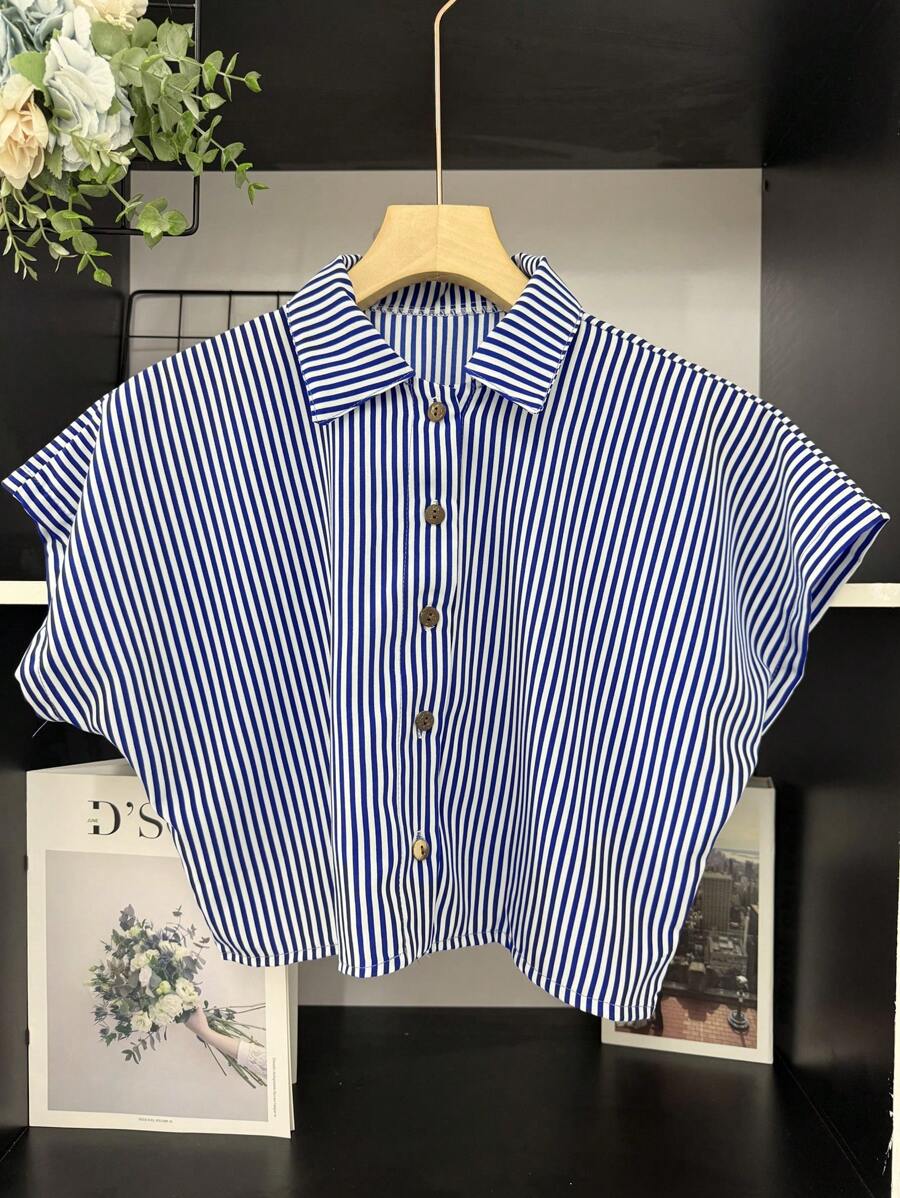 ELLIE Casual Striped Print Loose Cropped Shirt - 藍白色 - 查看 1