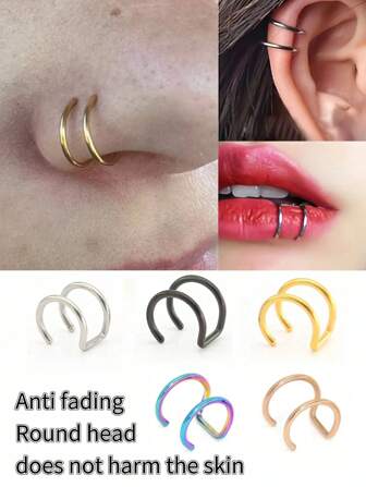 1/2/3/5pcs Stainless Steel Fake Ear Stud Jewelry, Clip-On Earrings Fake Lip Ring Non-Piercing Lip Clip Hoop, Fake Earrings Ear Clip Does Not Require Perforation Jewelry 10mm For Faux Lip Septum Fake Lip Ring Lip Nail New No Need For Perforation,Suitable For Daily Wear For Men And Women