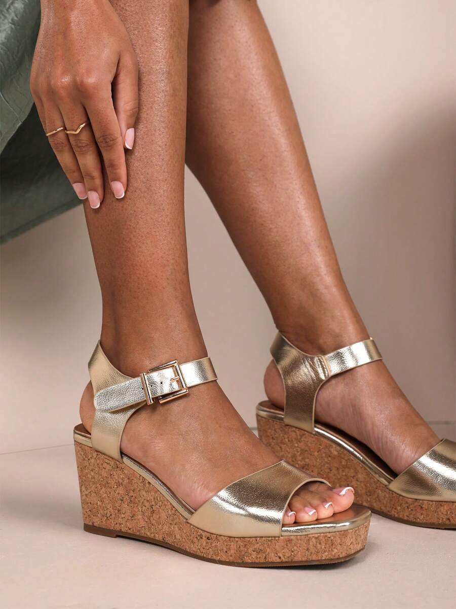 Where’s That From GISELLE WIDE FIT WEDGE SANDALS WITH BUCKLE ANKLE STRAP - Gold Grain PU - View 1