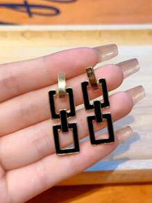 1 对经典欧美时尚镂空方形耳环，时尚拼色吊坠耳环，个性魅力珠宝，适合女性，秋冬 - 金色 - 查看 2