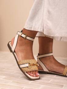 Where’s That From CATELYN PU STRAW DETAIL STRAP SANDALS  WITH BUCKLE CLOSURE - Cream PU - View 1