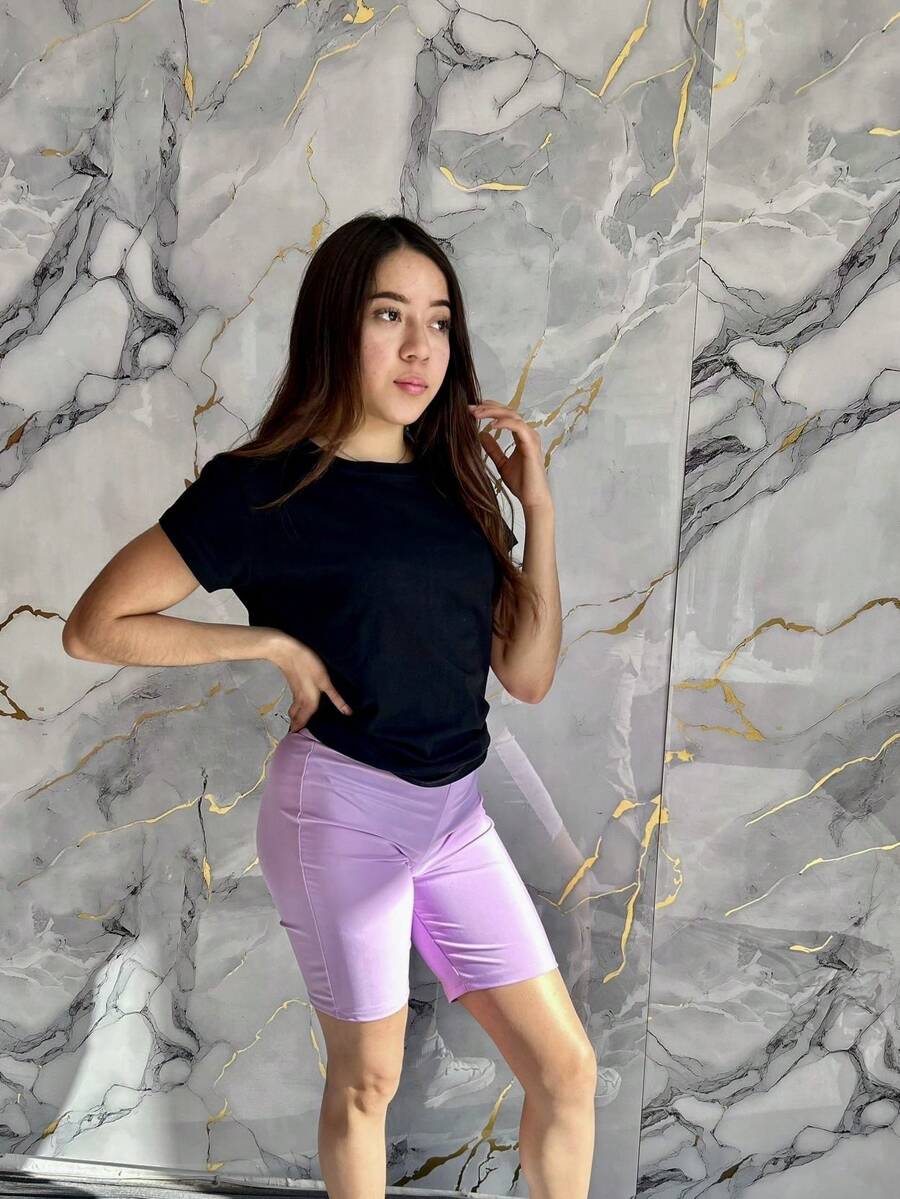 Pantalones cortos de Licra para mujer tipo biker ajustables deportivos con elástico en cintura - Lila - View 1