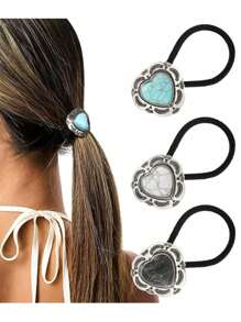 3pcs Mixed Button Imitation Turquoise Hair Cord Leather Band Tie Hair Women's High Stretch French Vintage Hair Tie Hair Accessories Ponytail Holders Hair Elastics Hair Rubber Bands Scrunchies Hair Rope Elastic Hair Tie, Hair Bobbles Head Accessories Elastic Band - Multicolor - View 15