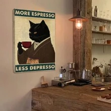 Room Decor 1pc Whimsical Black Cat Coffee Canvas Wall Art, Framed Humorous Poster, Unique Artwork For Coffee Lovers, Ideal For Coffee Shops, Bars, Pubs, Home Kitchens, Ready-To-Hang Gift For Cat Enthusiasts