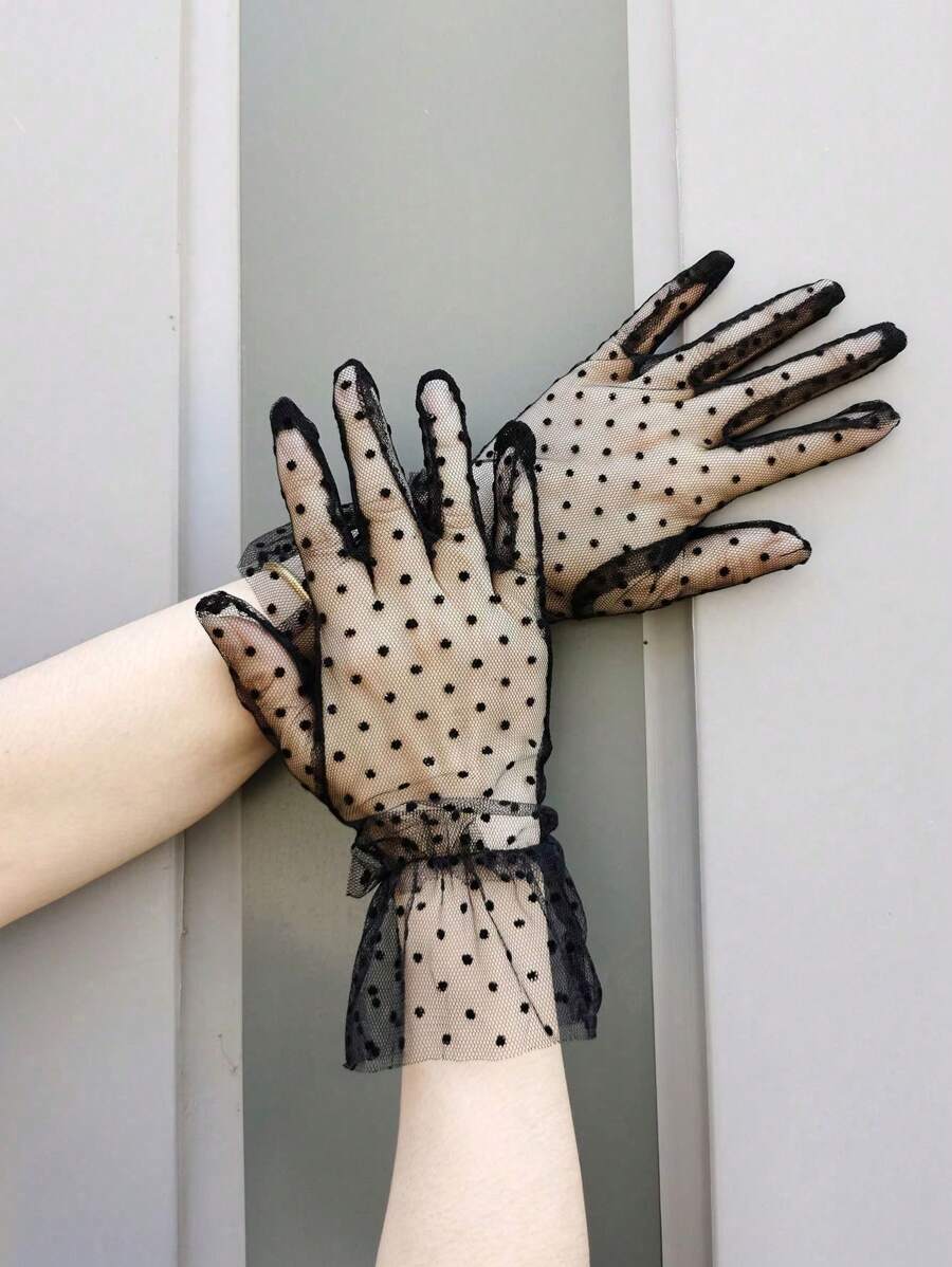 1 Pair Women's Black Or White Mesh Short Full Finger Gloves, Elegant Polka Dot Design, Made Of Polyester Fiber, Suitable For Street Wear, Party, Dating, Beach, Casual Occasions, Holiday, Wedding, School, Vacation, Birthday Party, Mature Gift, Single Party, Spring/Summer - A - View 1