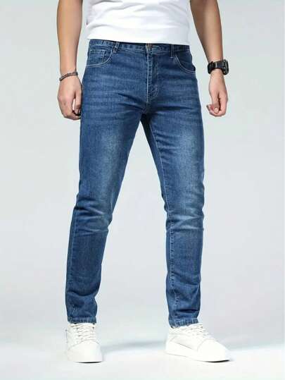 Jeans de Pierna Recta y Ajuste Delgado para Hombre - Pantalones de Mezclilla Casuales y Listos para Negocios, Mezcla de Algodón Elástico, Cintura Media