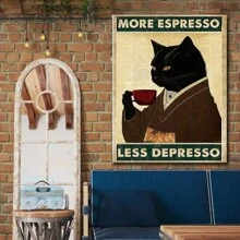 Room Decor 1pc Whimsical Black Cat Coffee Canvas Wall Art, Framed Humorous Poster, Unique Artwork For Coffee Lovers, Ideal For Coffee Shops, Bars, Pubs, Home Kitchens, Ready-To-Hang Gift For Cat Enthusiasts