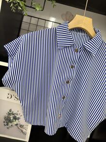 ELLIE Casual Striped Print Loose Cropped Shirt - 藍白色 - 查看 2