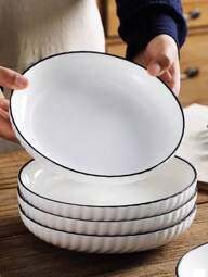 4pcs Ceramic Round Serving Bowls, Ceramic Household Plates, Round Deep Dishware, Suitable For Pasta, Salad, Dessert, Sushi - Multi-Purpose Kitchen Tableware Set, Applicable For Dining, Family Gathering, Hot Pot, BBQ - , All Season Dining Accessories