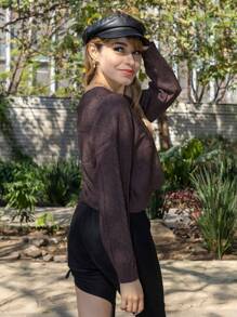 Women's Short Sweater Pullover Long Sleeve Round Neck Braided Design, Short Women's Sweater - 巧克力棕 - 查看 4