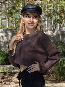 Women's Short Sweater Pullover Long Sleeve Round Neck Braided Design, Short Women's Sweater - 巧克力棕 - 查看 3