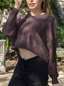 Women's Short Sweater Pullover Long Sleeve Round Neck Braided Design, Short Women's Sweater - 巧克力棕 - 查看 2