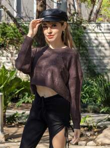 Women's Short Sweater Pullover Long Sleeve Round Neck Braided Design, Short Women's Sweater - 巧克力棕 - 查看 1