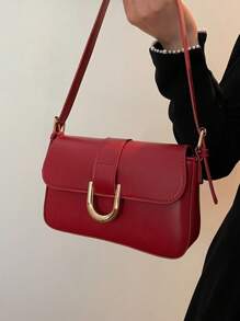 翻盖方形包金属装饰复古纯色方形单肩包百搭翻盖腋下钱包女士简约腋下包，勃艮第包和新年理想礼物，时尚商务休闲女士包，非常适合办公室、商务和工作，时尚勃艮第包 - 酒紅色 - 查看 9