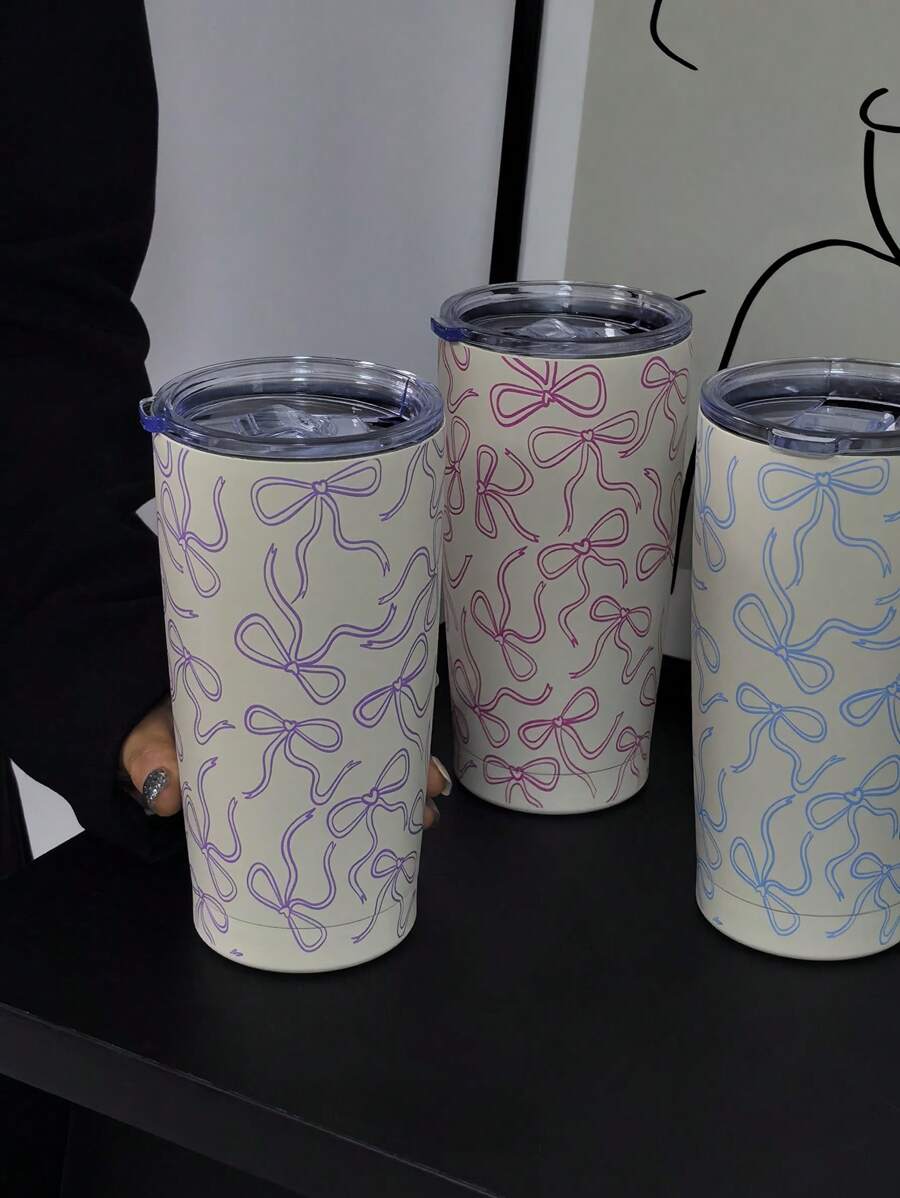 1 cốc giữ nhiệt hai lớp bằng thép không gỉ 600ml họa tiết nơ, dung tích 20oz, thích hợp mang theo, dùng cho cà phê, ô tô, nước, đáy phẳng, phù hợp cho văn phòng, nhà cửa, hoạt động ngoài trời, quà tặng tuyệt vời cho dịp lễ và sinh nhật. - Nhiều màu - Xem 1