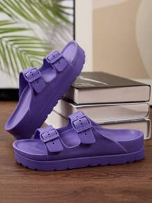 New Fashion Women Sandals With Double Buckle Design, EVA Lightweight & Sturdy Thick Sole, Soft & Comfortable, Anti-Slip & Wear-Resistant, Suitable For Walking, Beach, Street