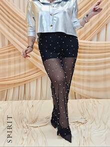 SPIRIT Pantalon para mujer de tela mesh color negro con perlas por todo el pantalon, cuenta con fondo en forma de short de color negro, para temporada de calor, ligero, comodo y con estilo, ideal para temporada de primavera verano otoño, para usar de forma casual o formal. - Negro - Ver 5