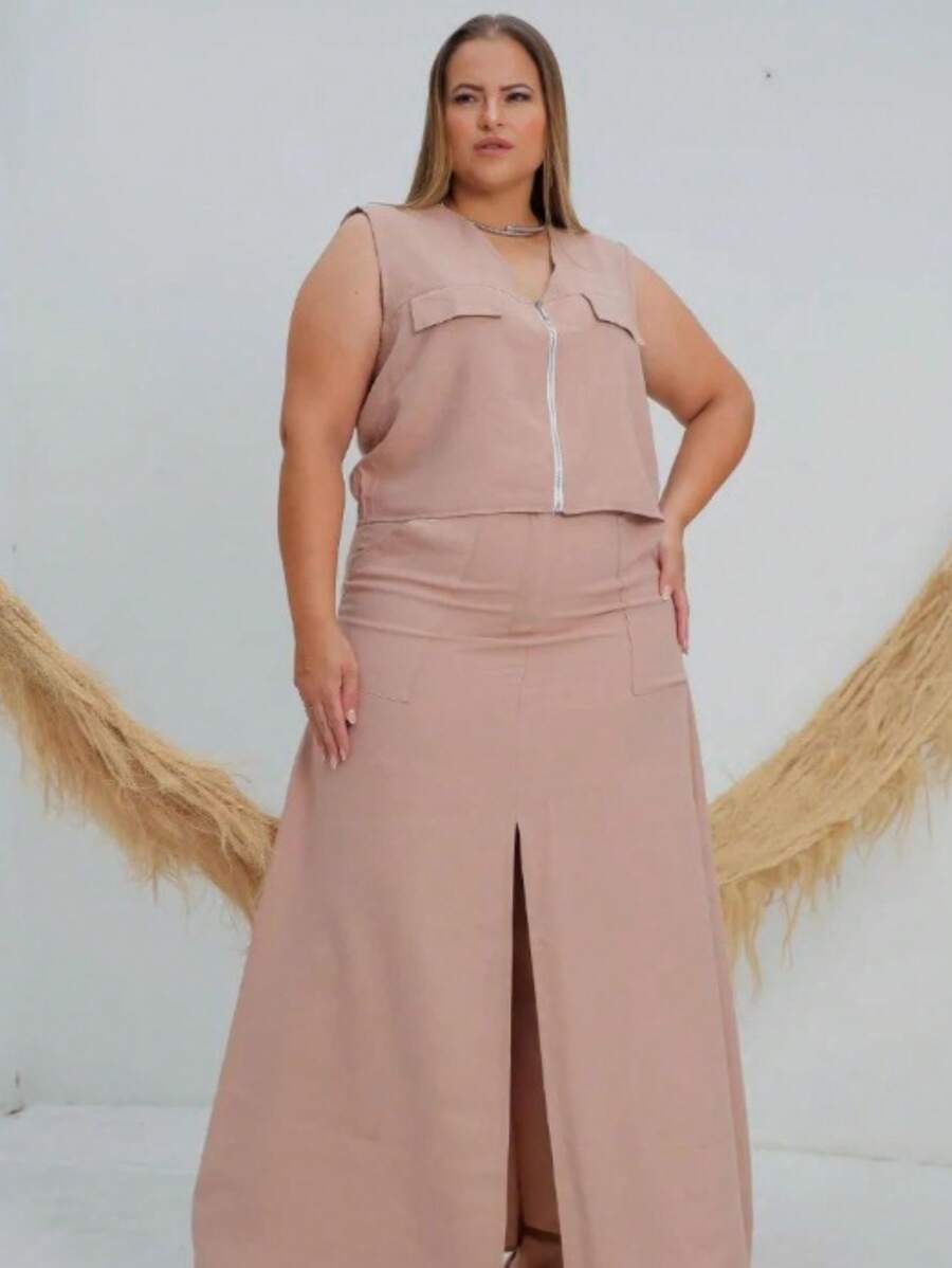 Plus Size Set Cropped Front Zipper And Long Slit Skirt - Rusty Rose - View 1