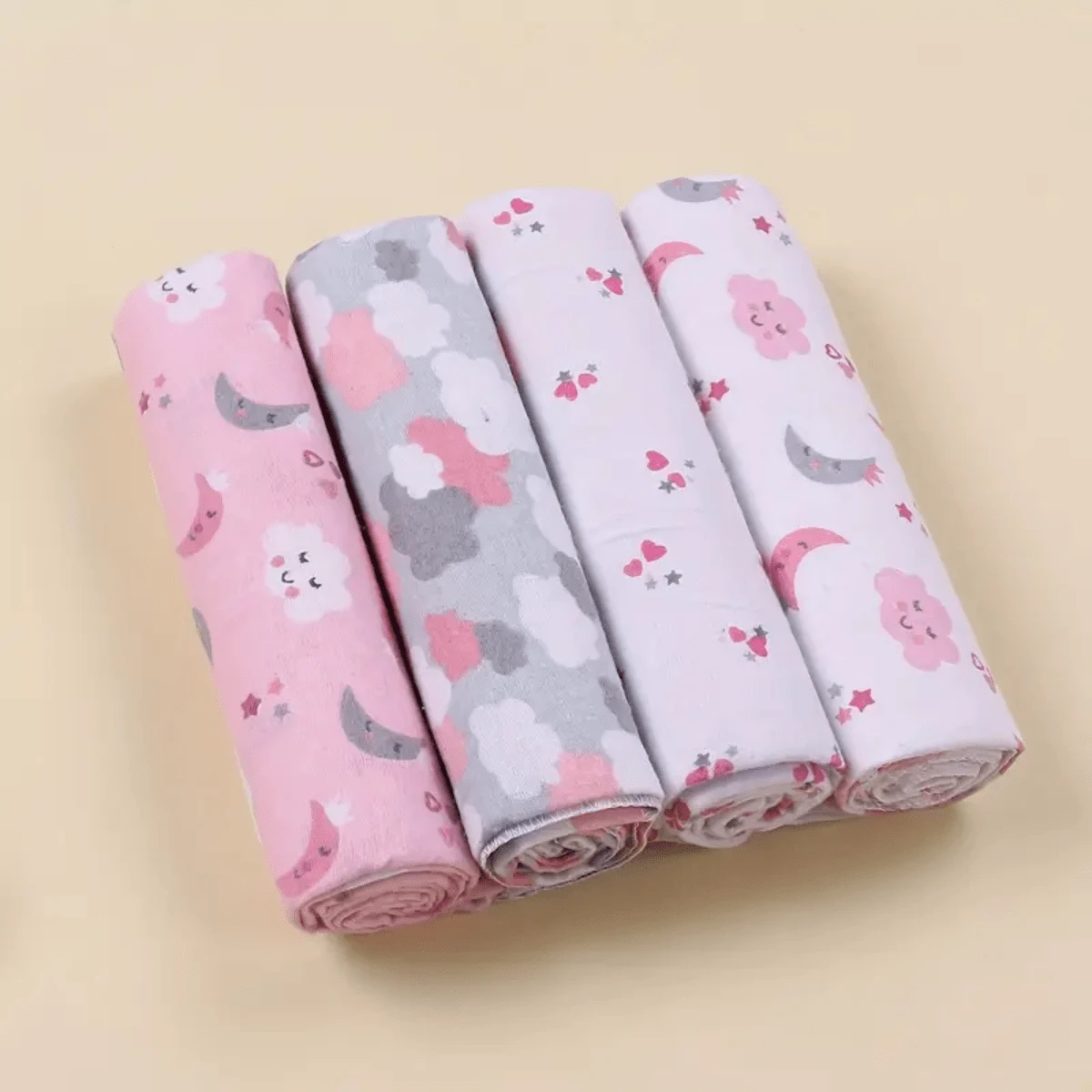 Kit 4 Manta Cueiros para Bebê Flanelado Grande 80cm x 80cm 100% algodão Estampado Récem-Nascido Super Macio Com Overloque nas bordas
