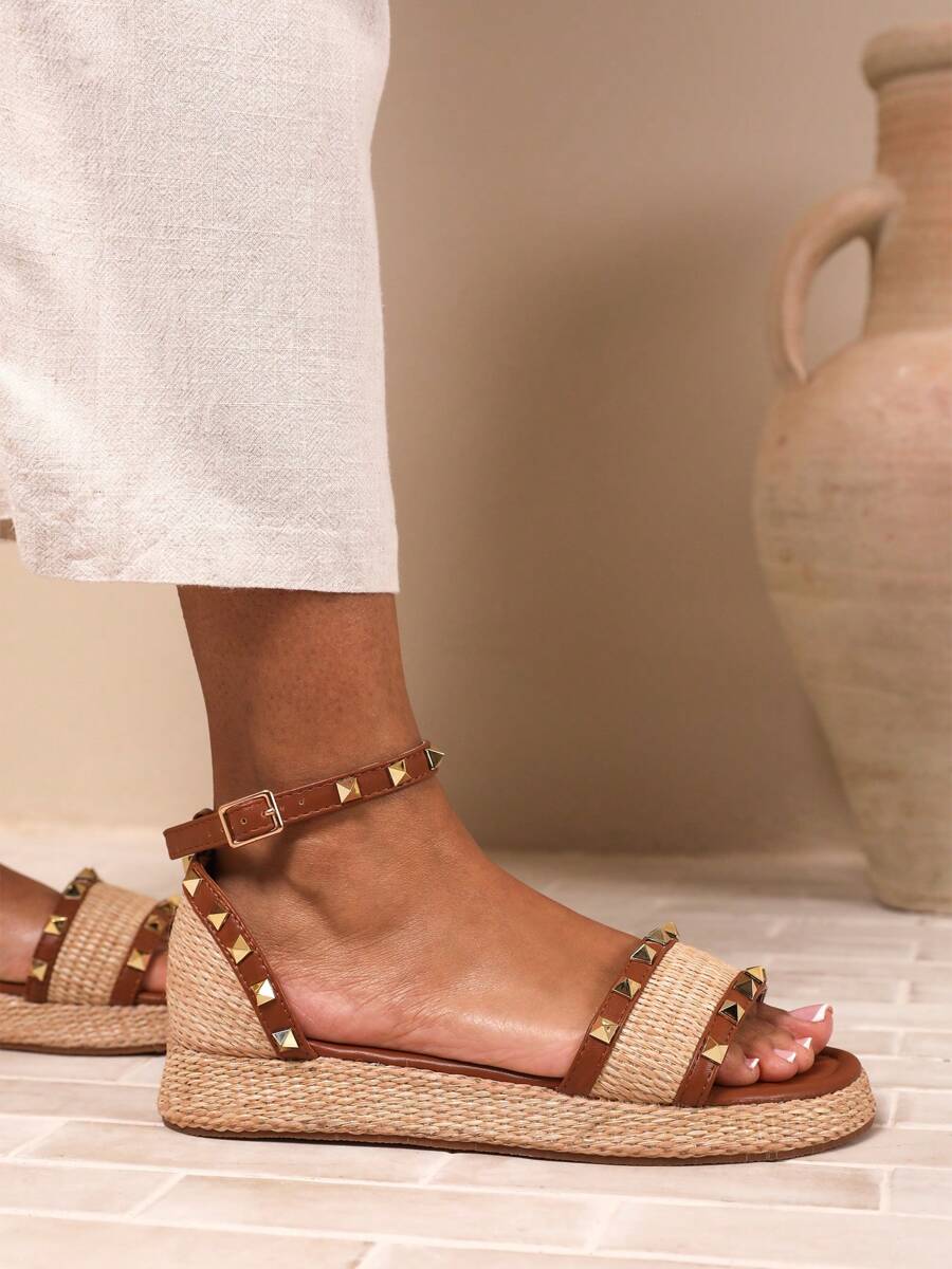 Where’s That From AVIVA STUDDED GLADIATOR BRAIDED STRAP ESPADRILLE FLATFORM - Tan PU - View 1