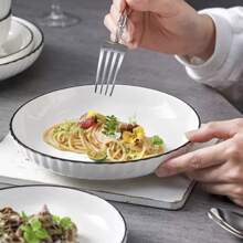 4 件陶瓷圆形餐碗，陶瓷家用盘子，圆形深餐具，适用于意大利面、沙拉、甜点、寿司 - 多功能厨房餐具套装，适用于用餐、家庭聚会、火锅、烧烤 - 、四季餐饮配件