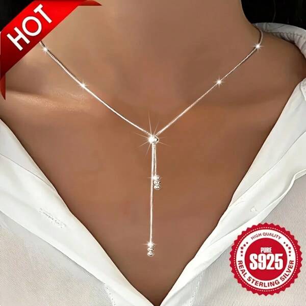 3.05g 925 Sterling Silver Elegant Y-Shape Necklace For Women, Adjustable Bead Slider, Hypoallergenic, Simple Classic Design, Versatile For All Seasons, Ideal For Daily Wear & Vacation, Perfect Christmas Gift