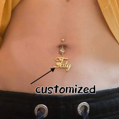 1pc Custom Stainless Steel Personalized Name Text Belly Button Ring Navel Piercing Jewelry, Engraved Nameplate Navel Piercing, Minimalist Style With Classic 18K Gold-Plated Stainless Steel And Diamond Details, Elegant Boho Chic, Suitable For Party And Holiday Accessories, All Season - Unique Fashion Jewelry Gift