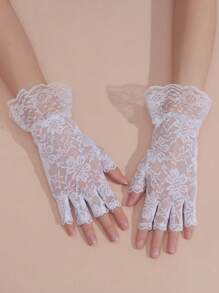 1 Pair White Bride Wedding Lace Half Finger Gloves, Suitable For Wedding Outfit Matching
