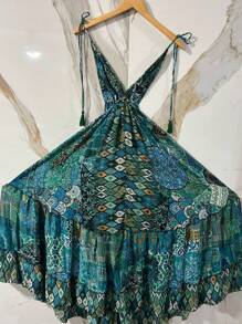 vestido longo seda - Verde Militar - Visão 1