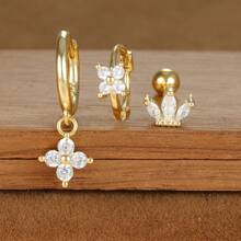 3 件套锆石花朵吊坠耳环套装，适合女士，简约耳环，耳骨耳环，铜和不锈钢穿孔首饰 - 3個花朵耳環 - 查看 9