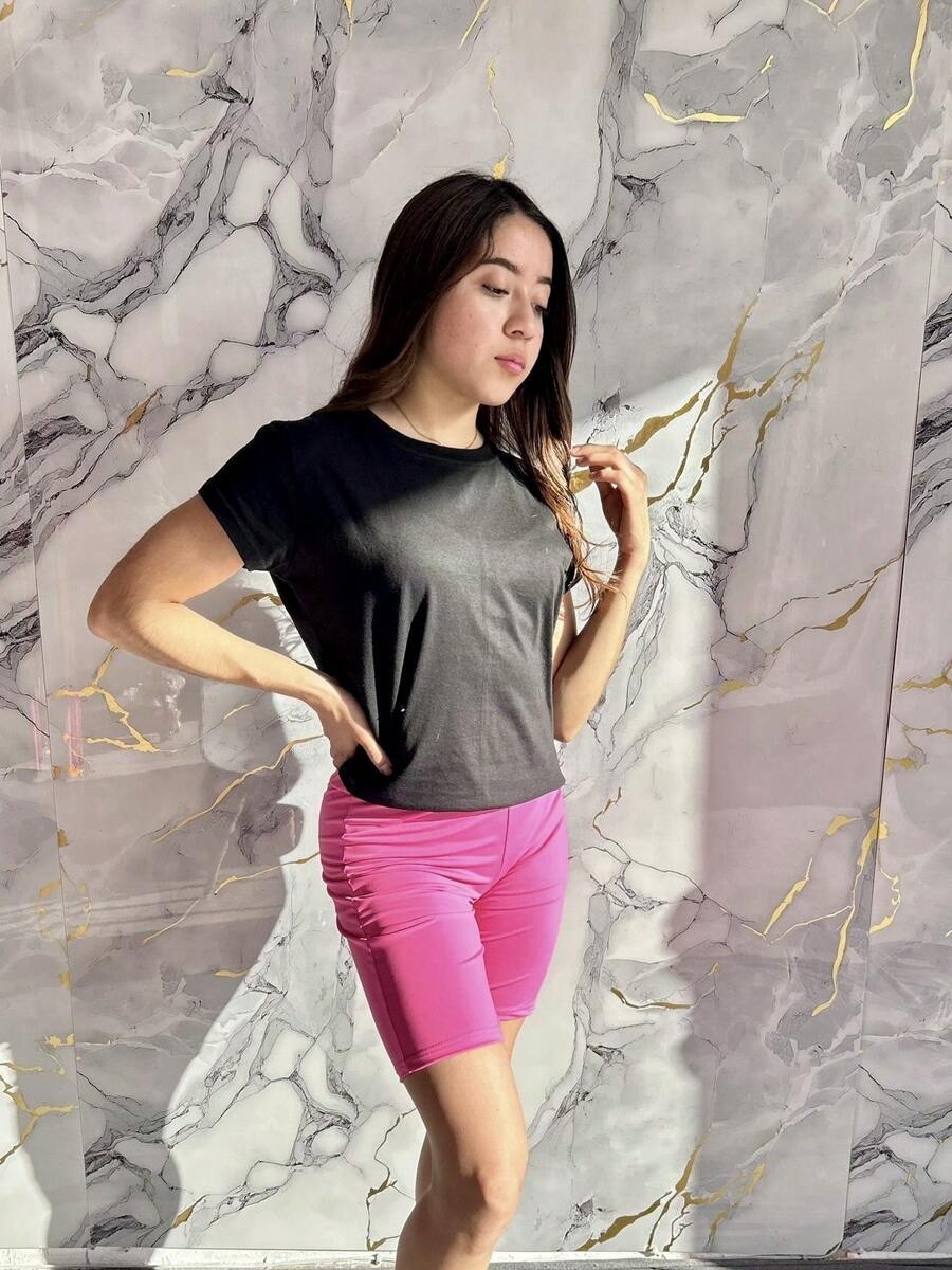 Pantalones cortos de Licra para mujer tipo biker ajustables deportivos con elástico en cintura - Rosa neon - Ver 1