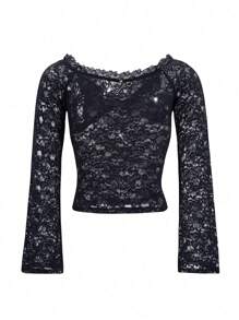 Y2K Women Sexy Fitted Off Shoulder Long Sleeve Lace Blouse