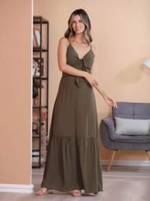 Long Plain Viscose Dress With Straps And Cups - Dark Green - View 2