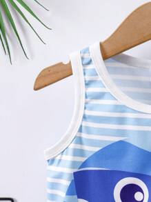 Set de 2 piezas para bebé/niño pequeño: chaleco sin mangas con estampado de tiburón y rayas + pantalones cortos casuales de verano