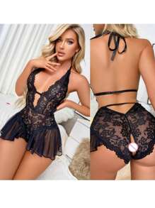 Sexy Lace Bodysuit With Opening And Tulle Skirt Complete Sexy Lingerie Without Pads For Women - 黑色 - 查看 3