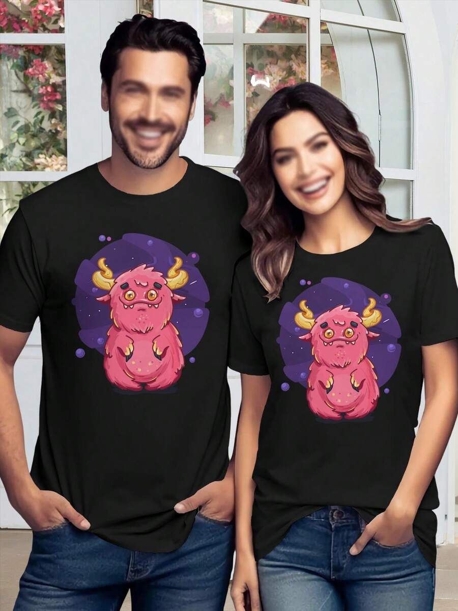 Cute Burly Friendly Pink Monster Lovers T-Shirt For Women Kids (Baby Fun Monster Energy Sticker) - Black - View 1