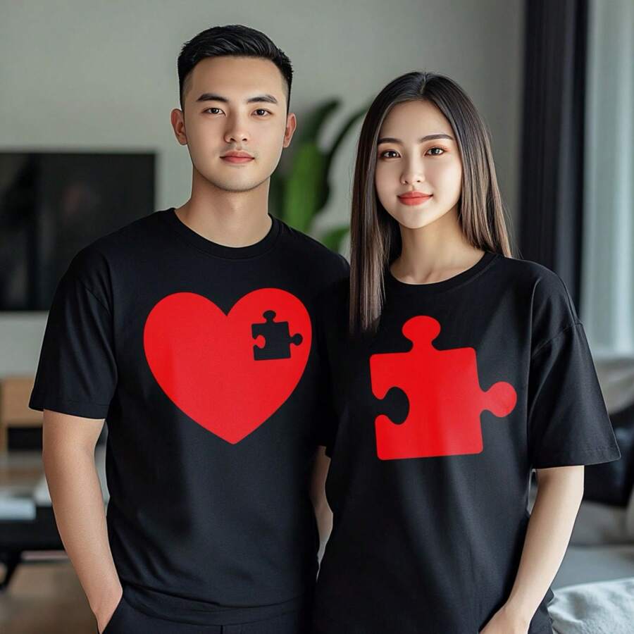 1pc Heart & Letter Graphic Tee - PUZZLE - View 1