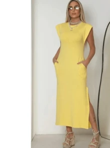 Long, Loose, Elegant, Casual Dress With Pockets In Sweatshirt Fabric With Fashionable Sleeves. - Kuning - View 3