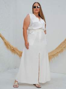 Plus Size Set Cropped Front Zipper And Long Slit Skirt - White - View 3