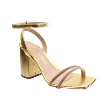 Sandália Feminina Salto Grosso Strass Bico Quadrado Palmilha Confort