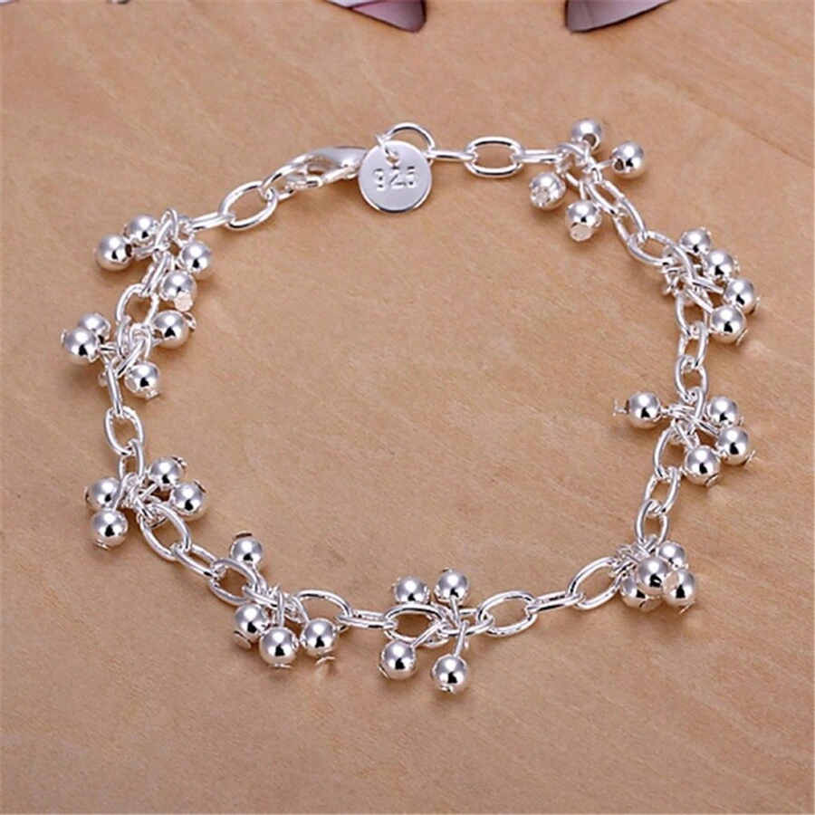 925 Sterling Silver Plated Beads Chain Bracelet For Women Wedding Fashion Charm Gift Jewelry