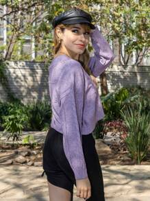 Women's Short Sweater Pullover Long Sleeve Round Neck Braided Design, Short Women's Sweater - 紫色 - 查看 4