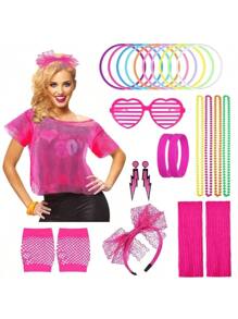 25 件 1980 年代复古派对套装、1980 年代女式花裙、万圣节圣诞服装配饰，包括 1980 年代 T 恤、暖腿套、渔网手套、眼镜、耳环、手镯、项链、角色扮演头带